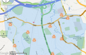 Map of burglaries in Cheadle and Gatley Dec 2012