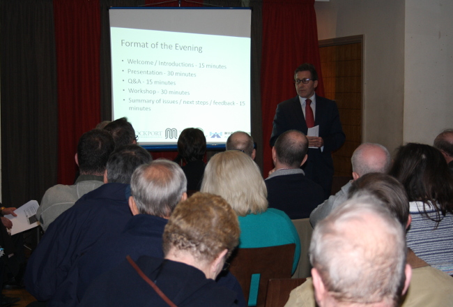 Local MP Mark Hunter addresses the public meeting