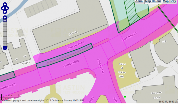 The purple area is maintained by the Council - the pavement in front of the Co-op is not.